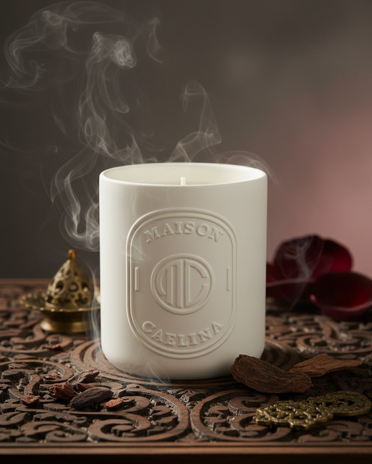 Echoes of the East soy wax candle with rose and oud by Maison Caelina