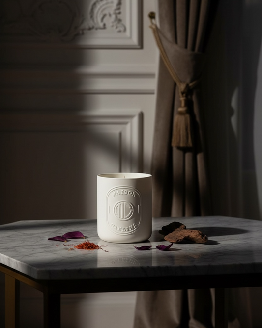 Midnight Bloom luxury soy wax candle in white ceramic vessel by Maison Caelina