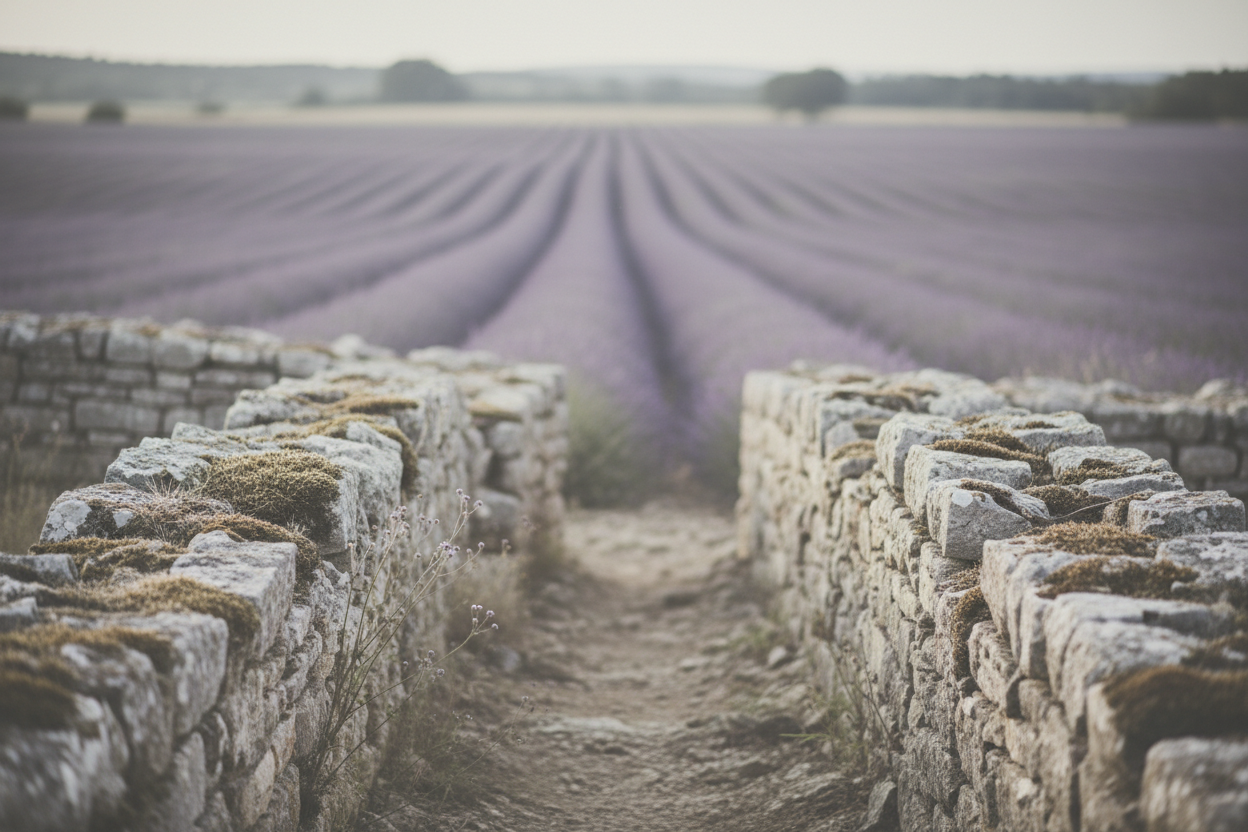 Maison Caelina about us page, rock wall leading to lavender field in Provence.