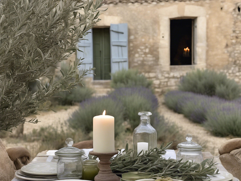 Maison Caelina botanical soy wax candle in Provence garden with olive trees and lavender.
