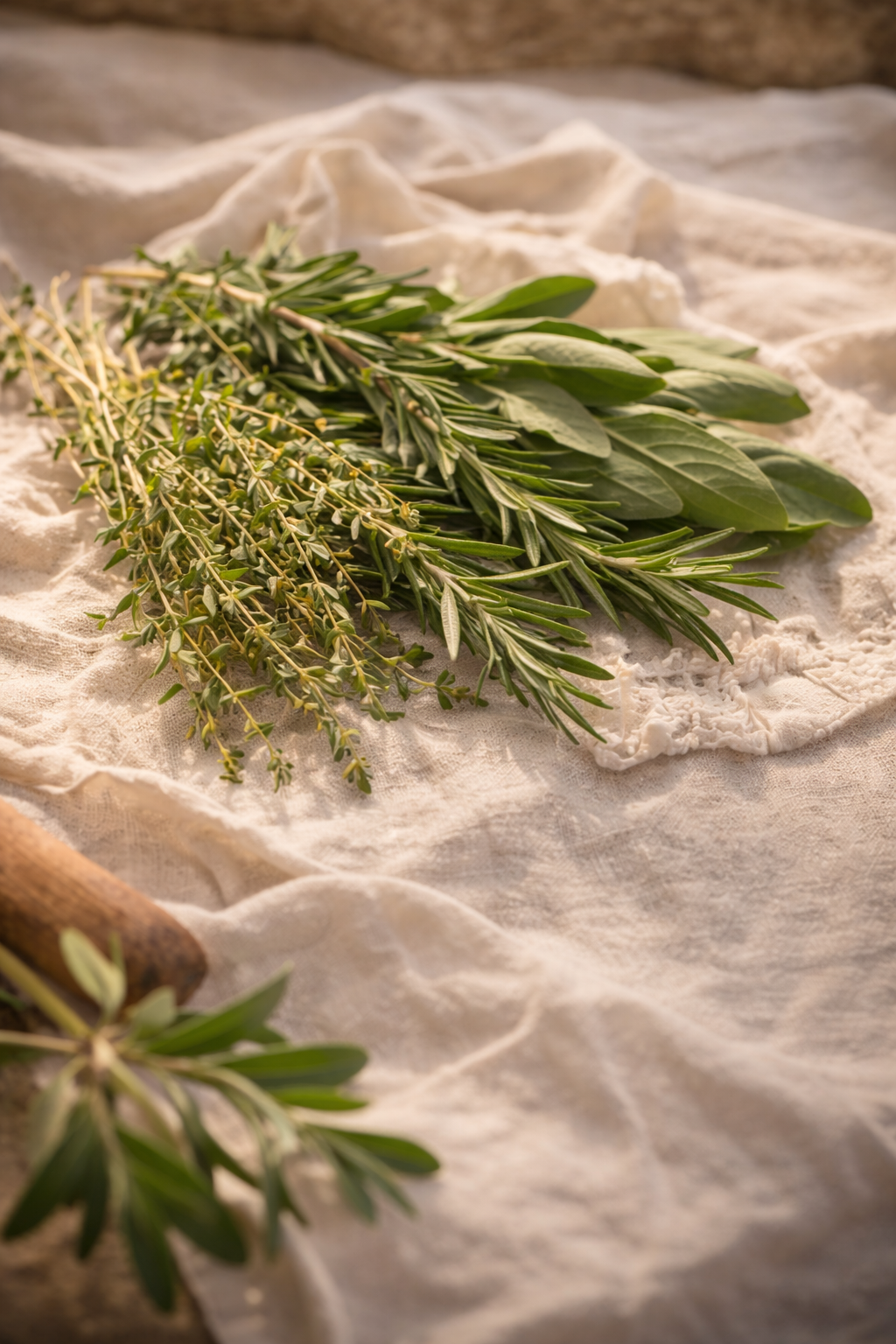 Maison Caelina herbal scent with rosemary and thyme on linen