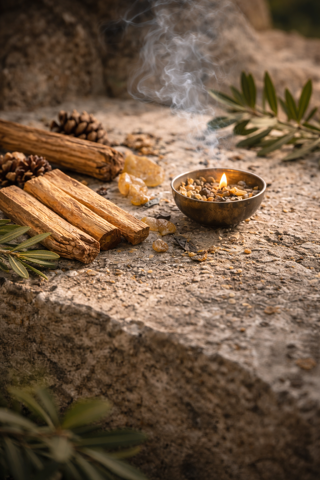 Maison Caelina woody scent with palo Santo and copal resin on stone