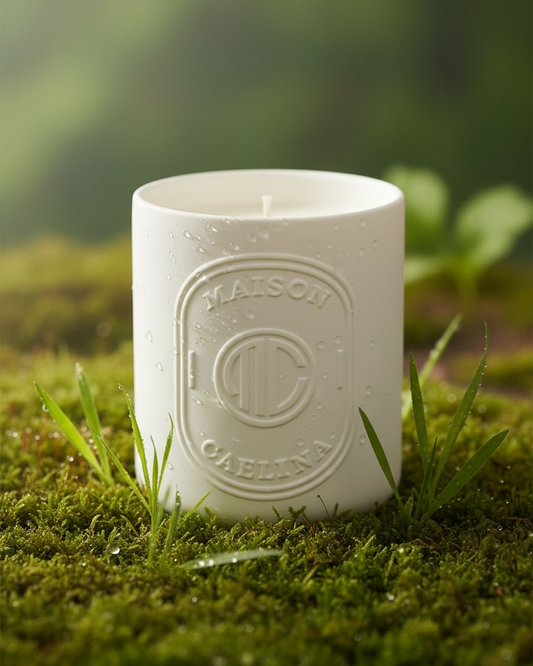 Fresh green soy wax candle in white ceramic vessel All Mornings of the Earth by Maison Caelina