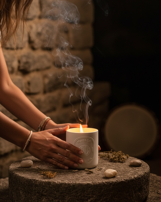 Ceremonial Drums luxury soy wax candle with palo santo sandalwood and copal by Maison Caelina