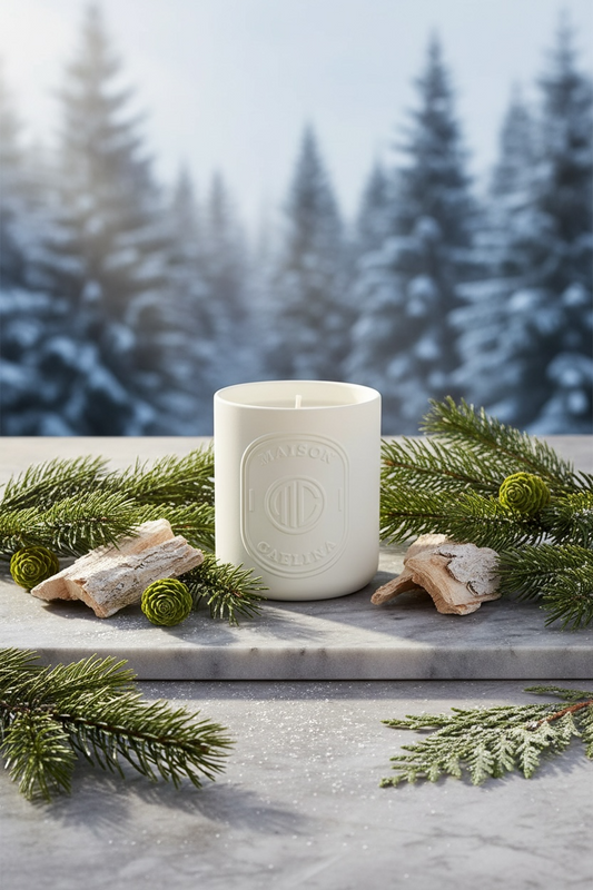 Evergreen Winter soy wax candle in white ceramic vessel by Maison Caelina