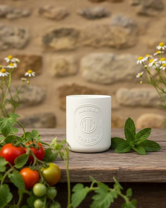 Garden Tale, white ceramic embossed vessel on a wooden surface with tomatoes chamomile and mint, against a stone wall background by Maison caelina