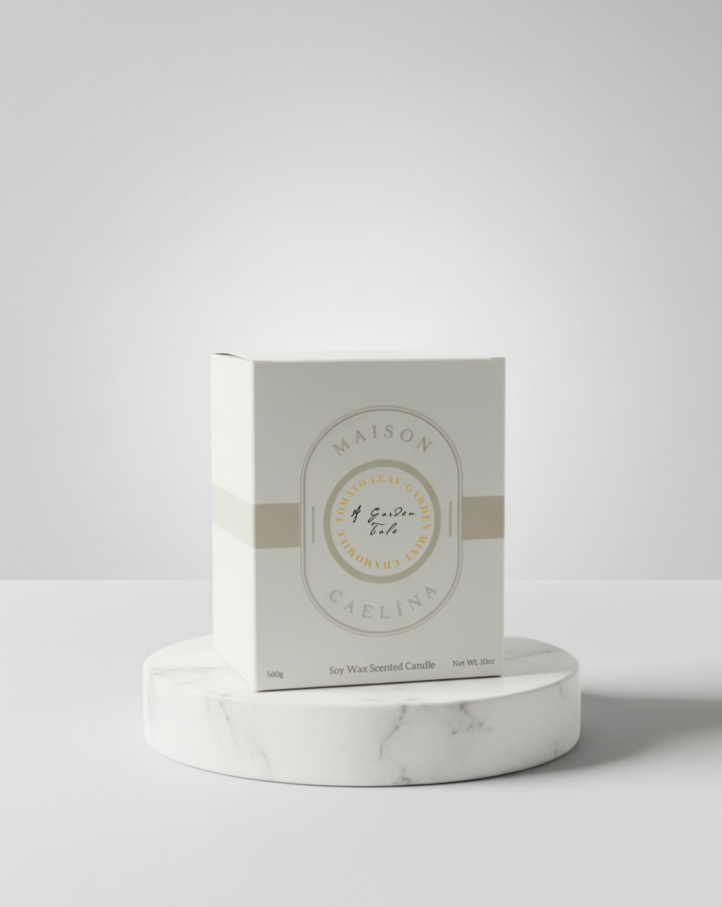 A Garden Tale candle packaging on a marble stand with a white background by Maison Caelina