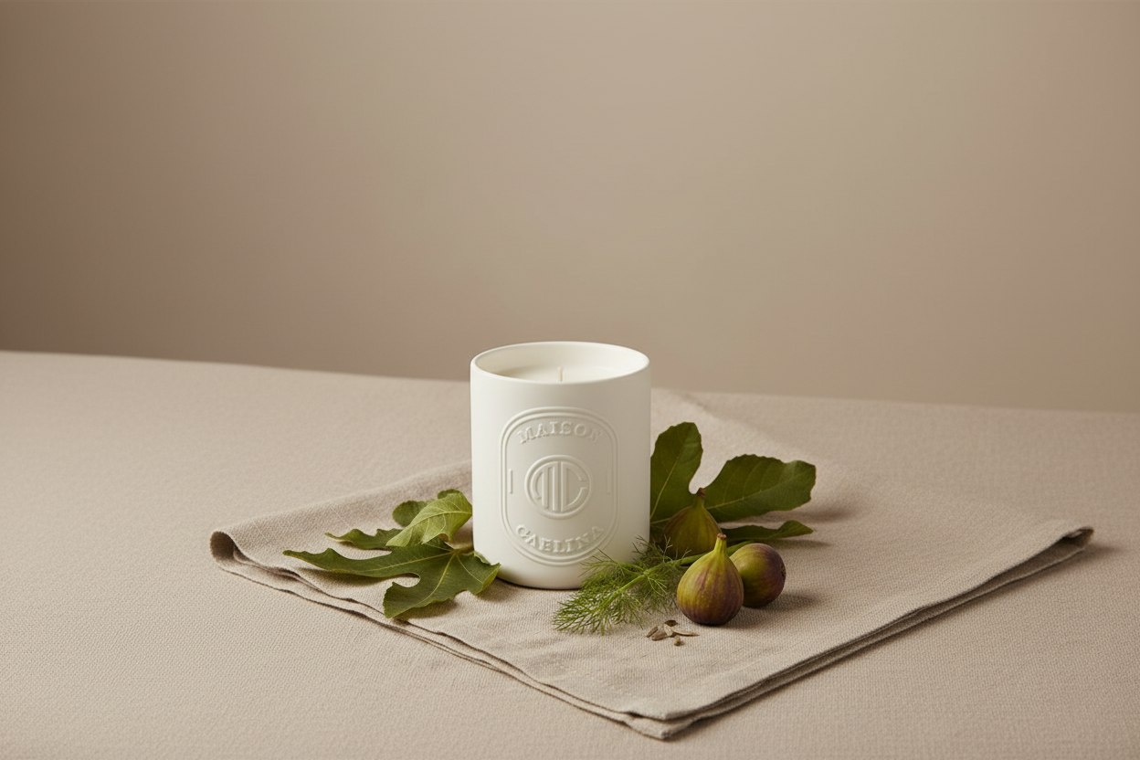 Mediterranean fig and fennel soy wax candle in white ceramic vessel by Maison Caelina